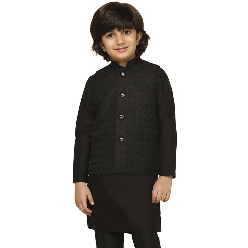 Kisah Boys Nehru Jacket Cotton Blend Jacquard Design Waistcoat Jacket For Kids, Black, 7-8 Years