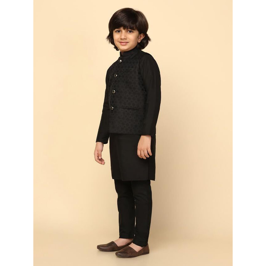 Kisah Boys Nehru Jacket Cotton Blend Jacquard Design Waistcoat Jacket For Kids, Black, 7-8 Years