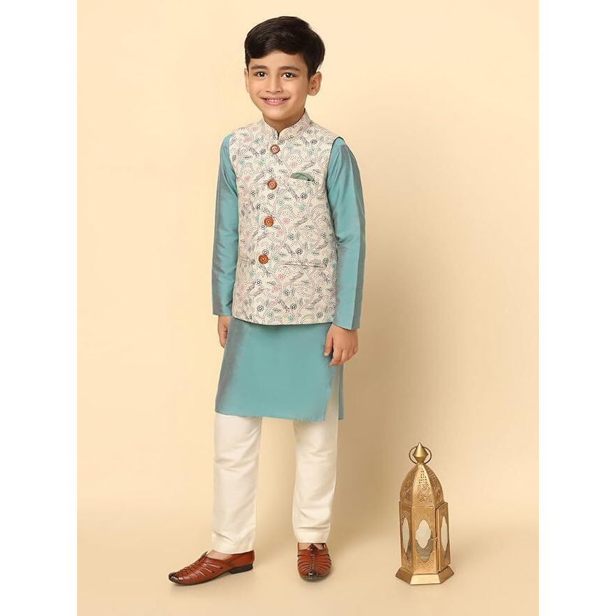 Kisah Boy's Cotton Blend Regular Fit Printed White Multicolour Nehru Jacket (5-6Y)