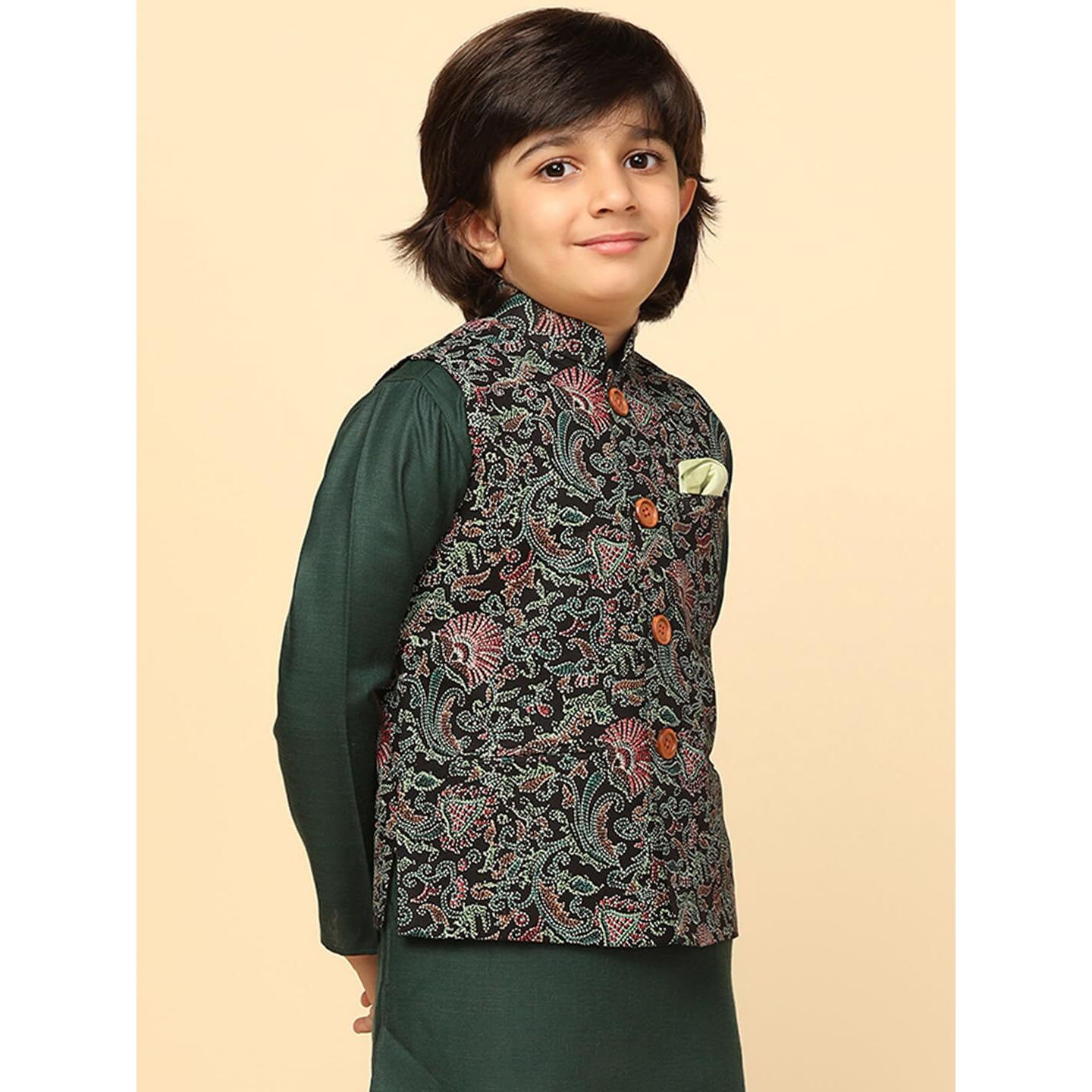 Kisah Boy's Cotton Blend Regular Fit Printed Black Multi Nehru Jacket (9-10Y)