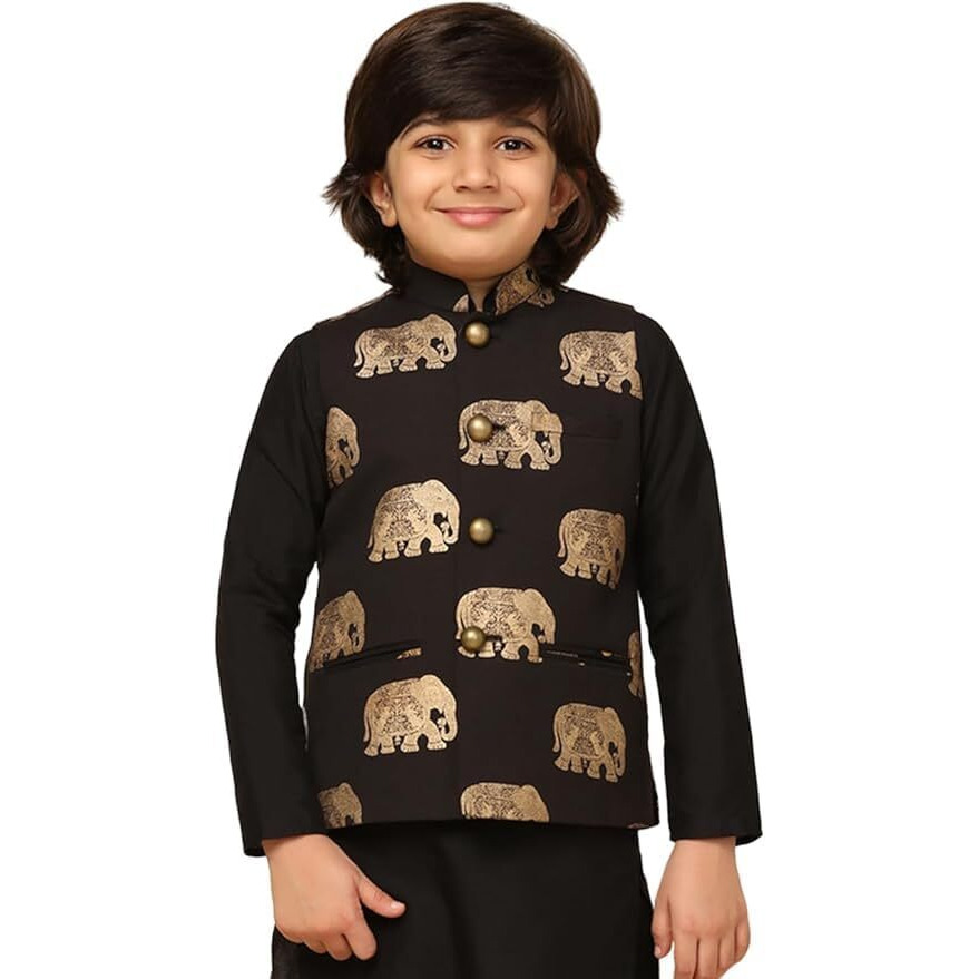 Kisah Boy's Cotton Blend Regular Fit Elephant Print Black Nehru Jacket (7-8Y)