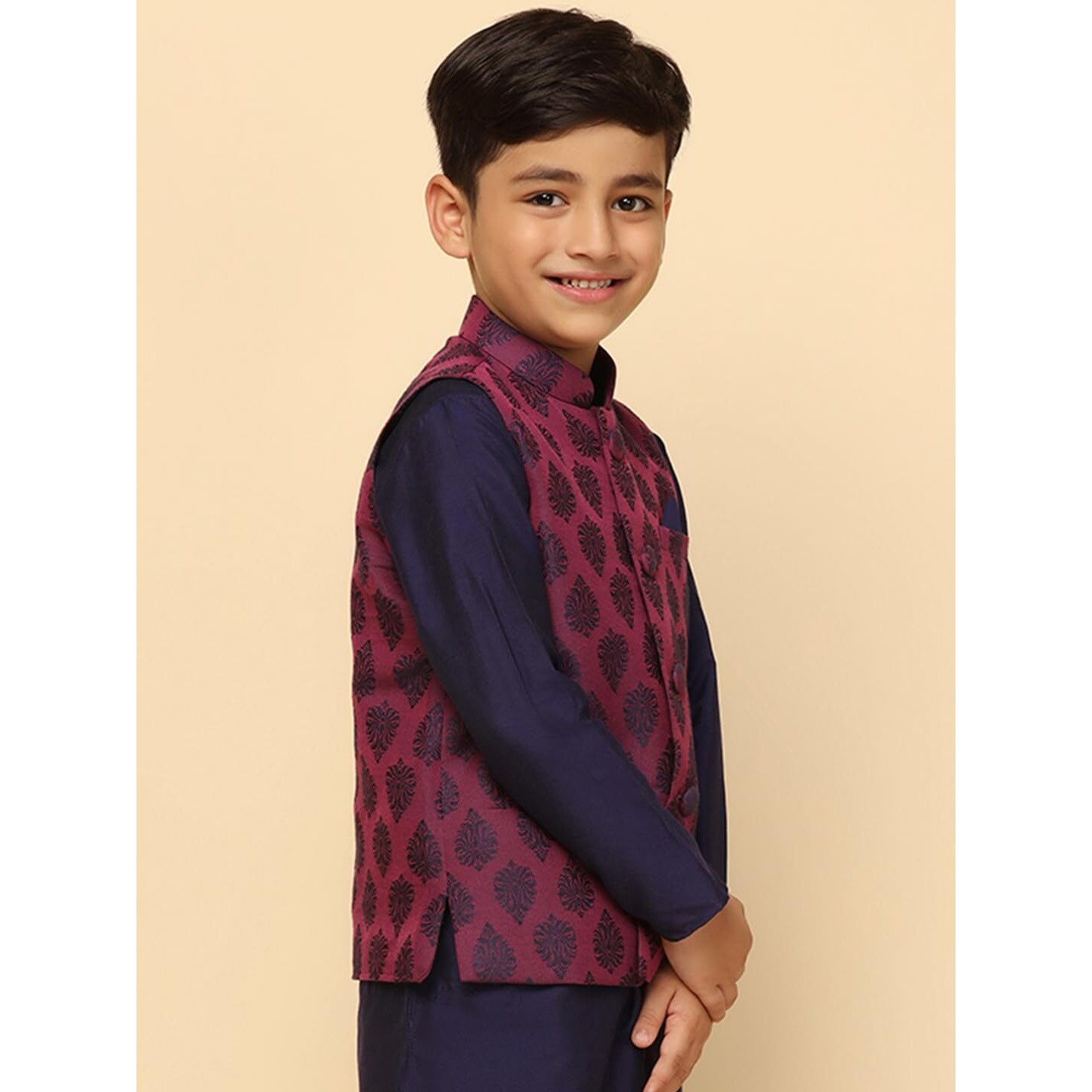 Kisah Boy's Cotton Blend Regular Fit Woven Design Purple Nehru Jacket|5-6 Years
