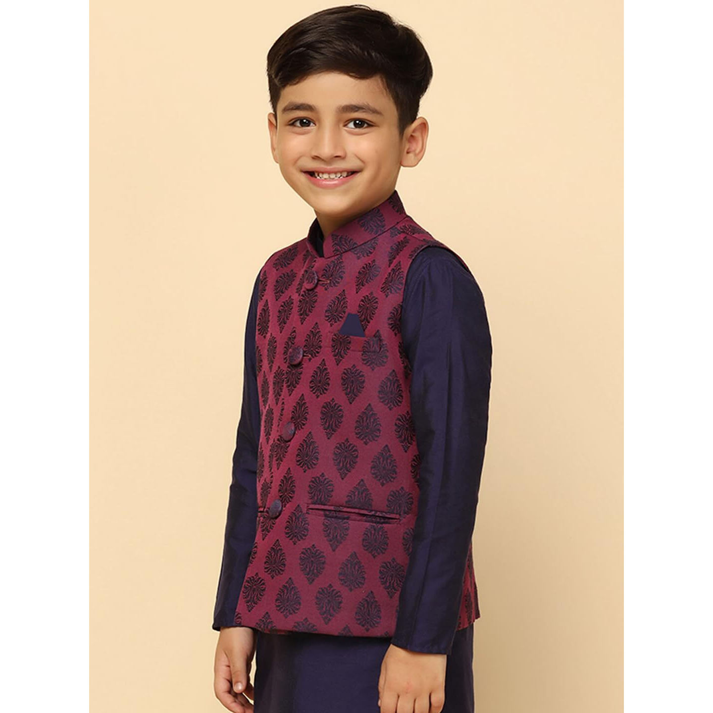Kisah Boy's Cotton Blend Regular Fit Woven Design Purple Nehru Jacket|5-6 Years