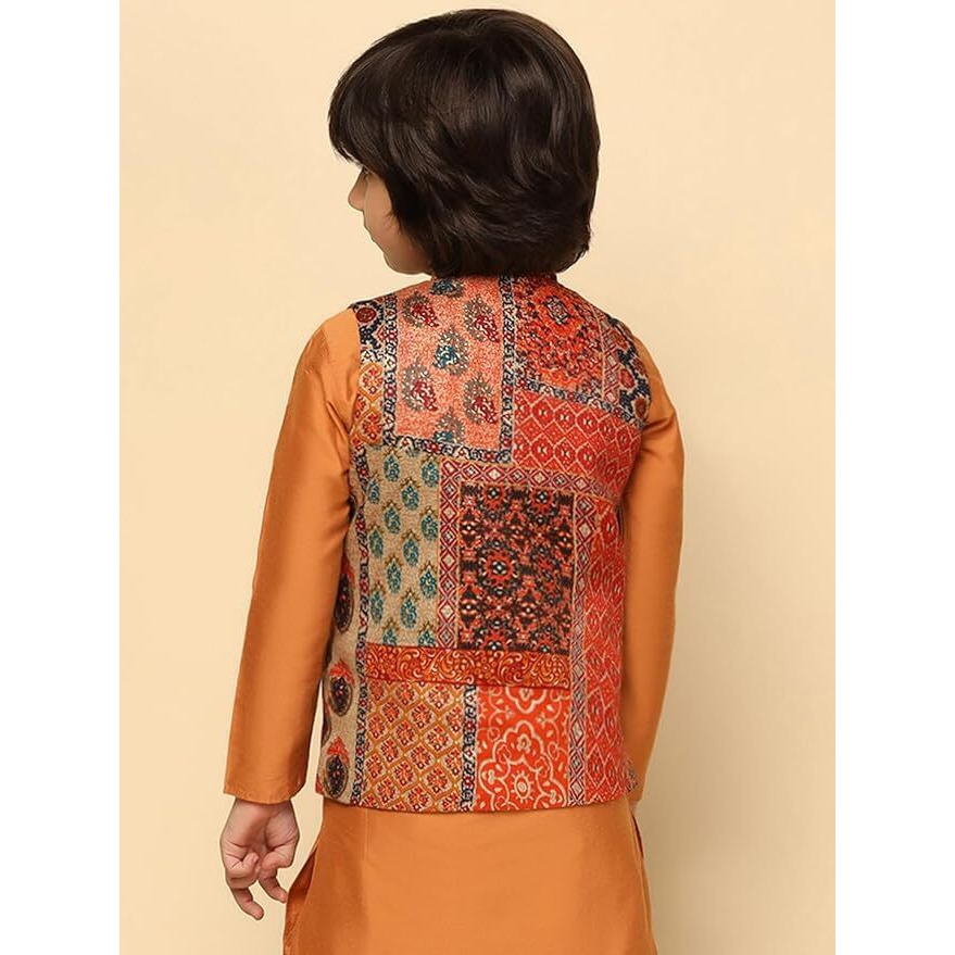 Kisah Boy's Cotton Blend Regular Fit Printed Mustard Multicolour Nehru Jacket (9-10Y)