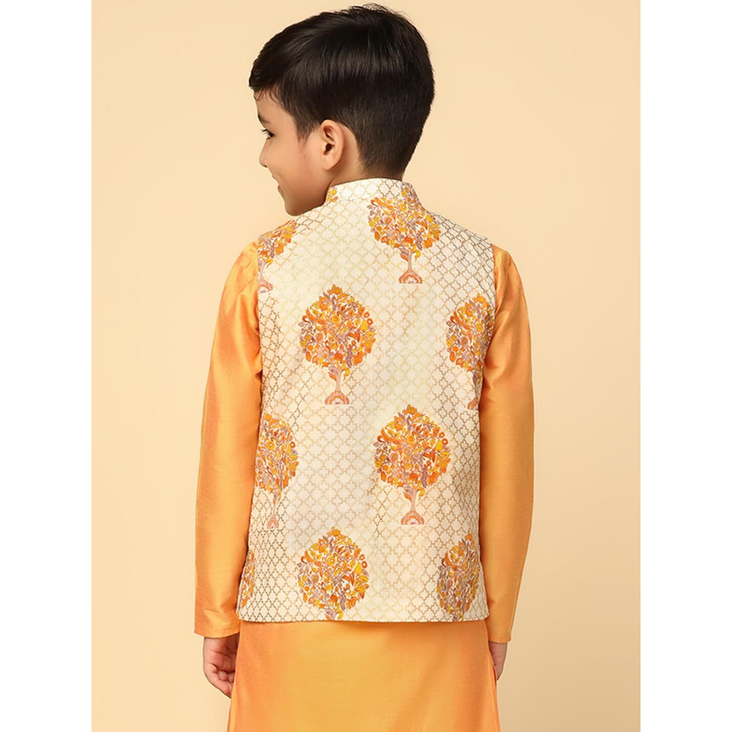Kisah Boy's Cotton Blend Regular Fit Printed Off White Nehru Jacket|3-4 Years