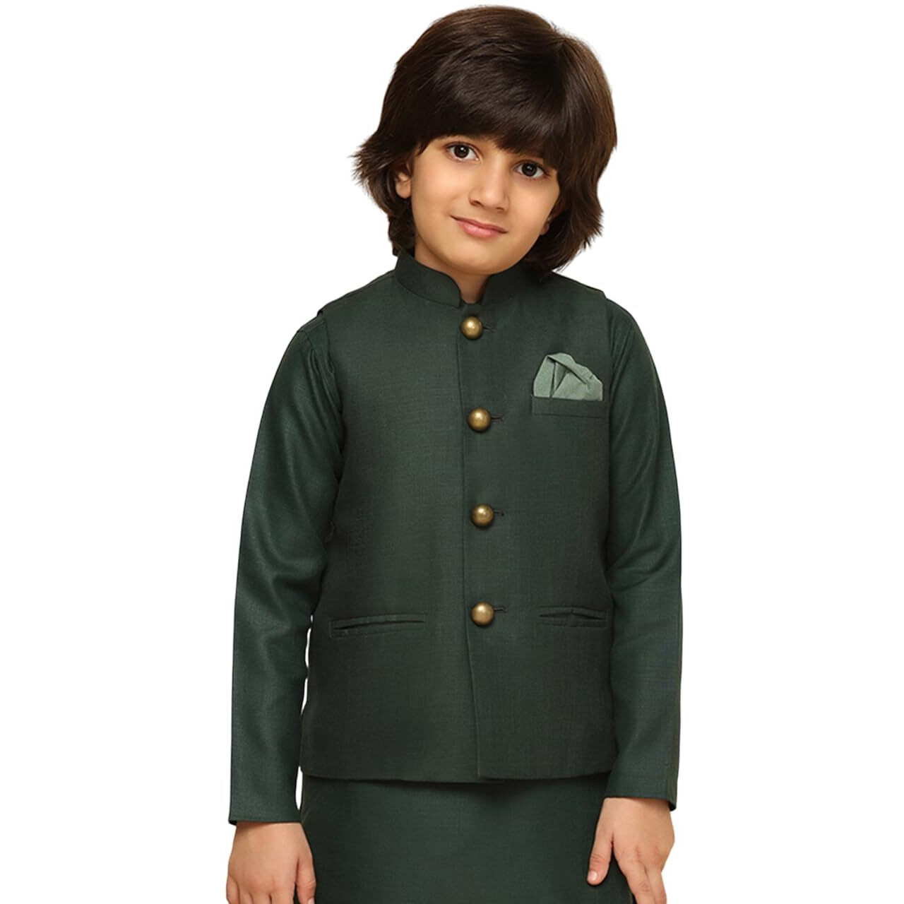 Kisah Boy's Cotton Blend Regular Fit Solid Green Nehru Jacket (9-10Y)