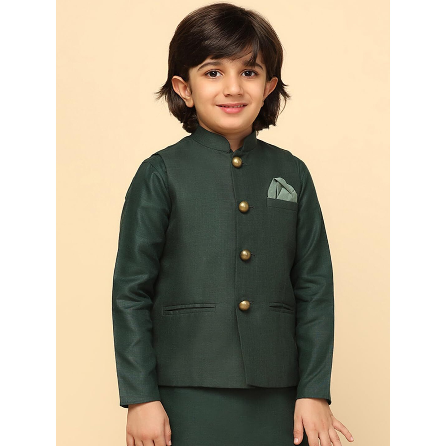 Kisah Boy's Cotton Blend Regular Fit Solid Green Nehru Jacket (9-10Y)