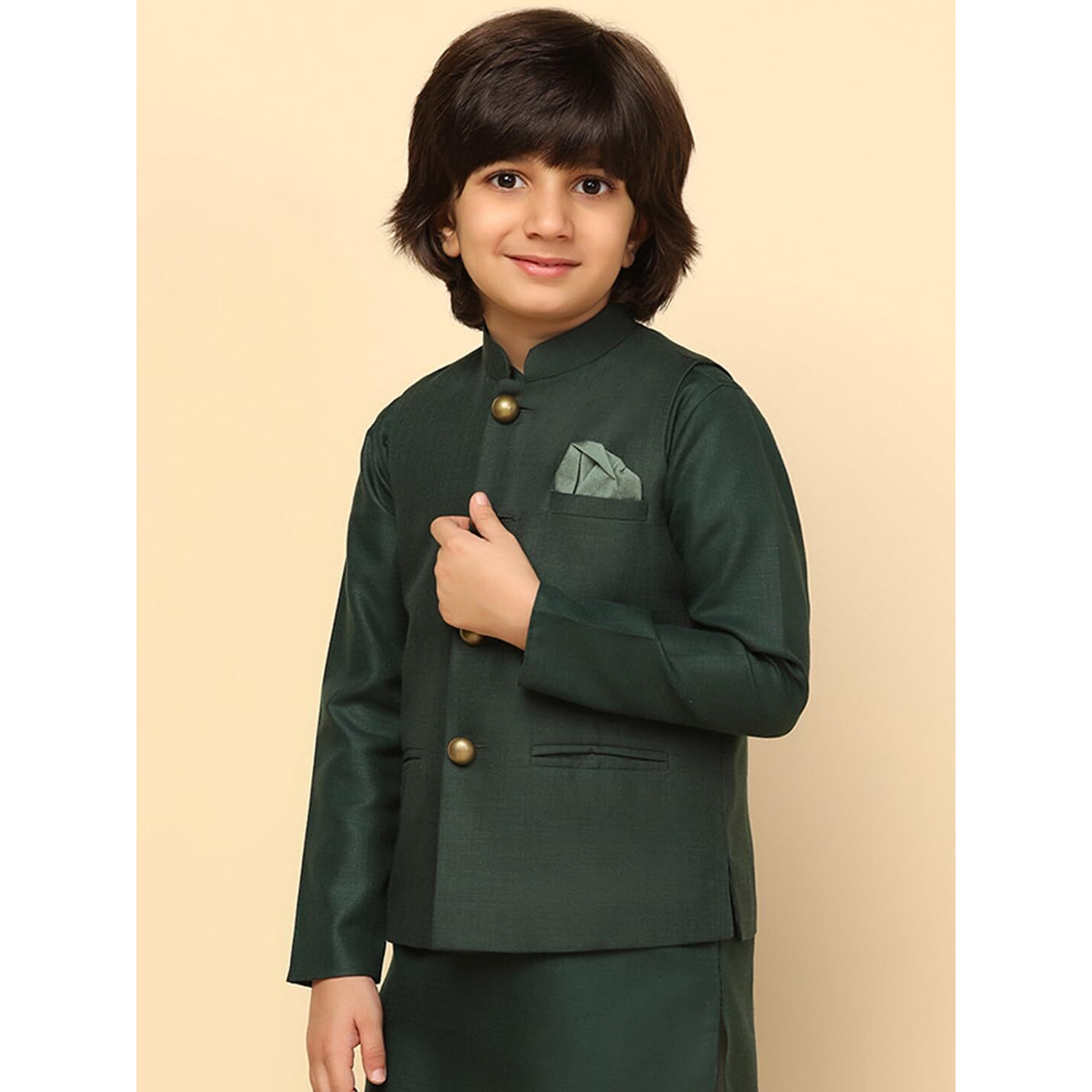 Kisah Boy's Cotton Blend Regular Fit Solid Green Nehru Jacket (9-10Y)