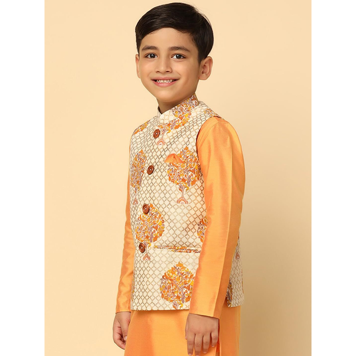 Kisah Boy's Cotton Blend Regular Fit Printed Off White Nehru Jacket|9-10 Years
