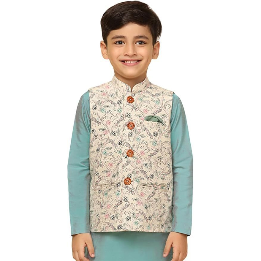 Kisah Boy's Cotton Blend Regular Fit Printed White Multicolour Nehru Jacket (3-4Y)