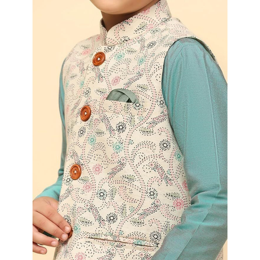 Kisah Boy's Cotton Blend Regular Fit Printed White Multicolour Nehru Jacket (3-4Y)