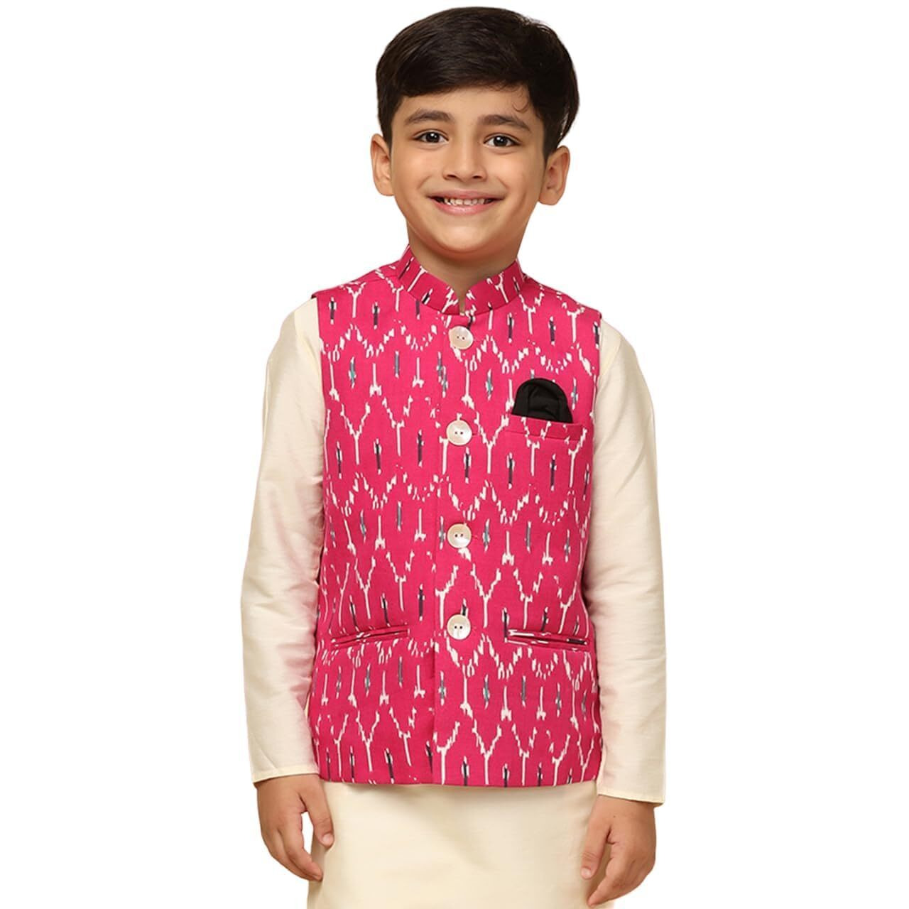 Kisah Boy's Cotton Blend Regular Fit Printed Hot Pink Nehru Jacket|11-12 Years