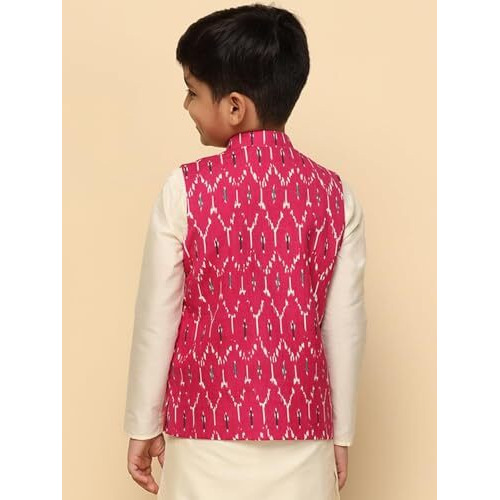 Kisah Boy's Cotton Blend Regular Fit Printed Hot Pink Nehru Jacket|11-12 Years