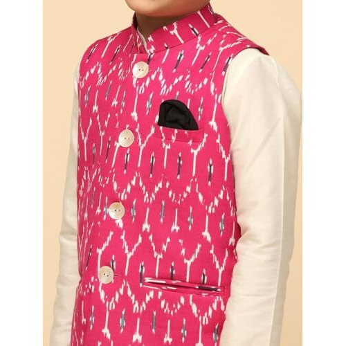 Kisah Boy's Cotton Blend Regular Fit Printed Hot Pink Nehru Jacket|11-12 Years