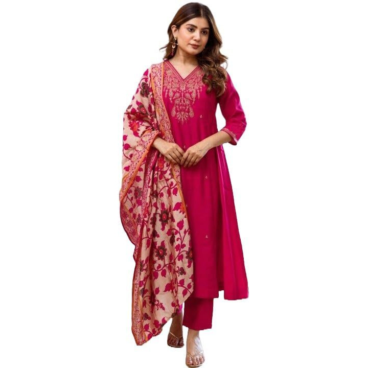 Klosia Women Embroidery Straight Kurta And Pant Set With Dupataa Pink