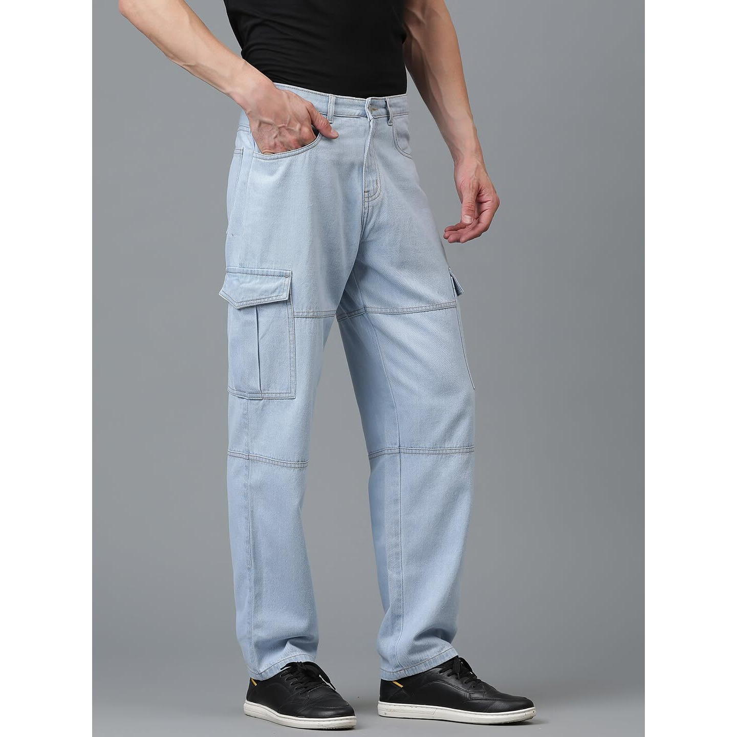 Kotty Men's Solid Mid Rise Straight Fit Stylish Looking Cargo Jeans(Blue,28)