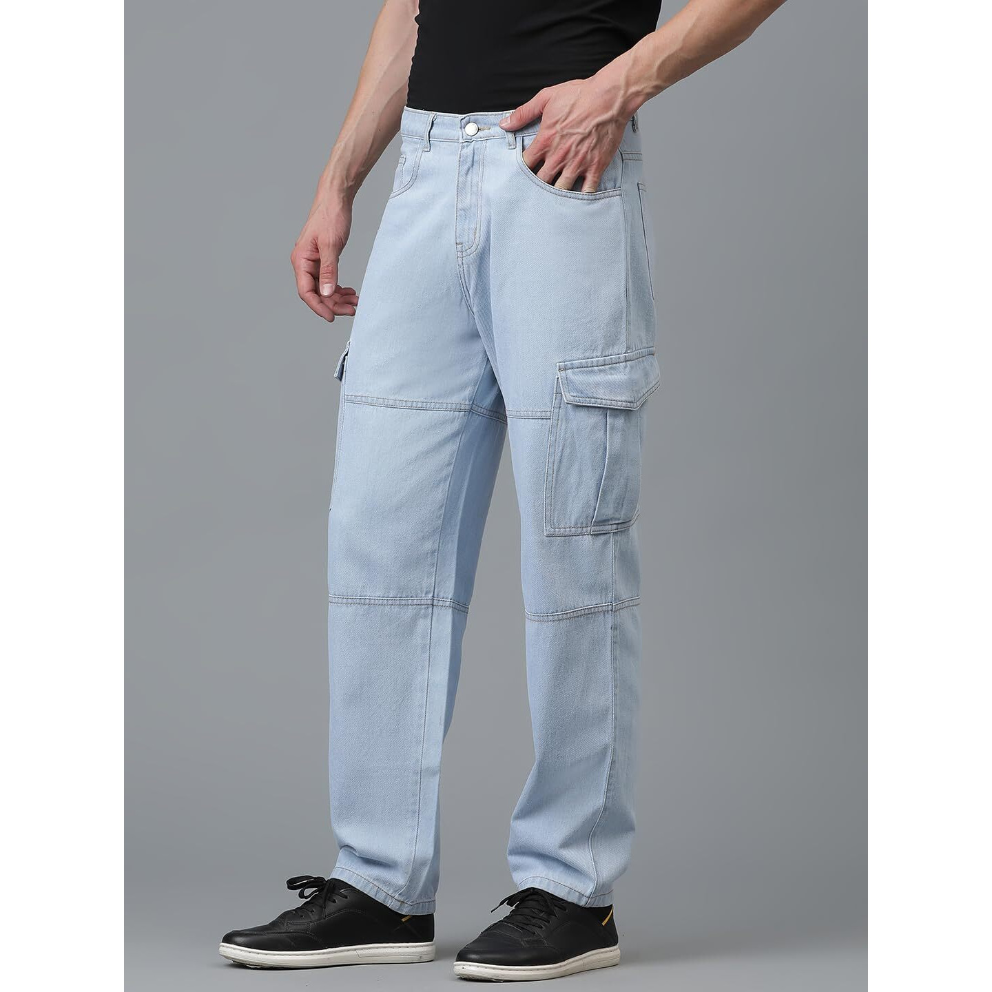 Kotty Men's Solid Mid Rise Straight Fit Stylish Looking Cargo Jeans(Blue,28)