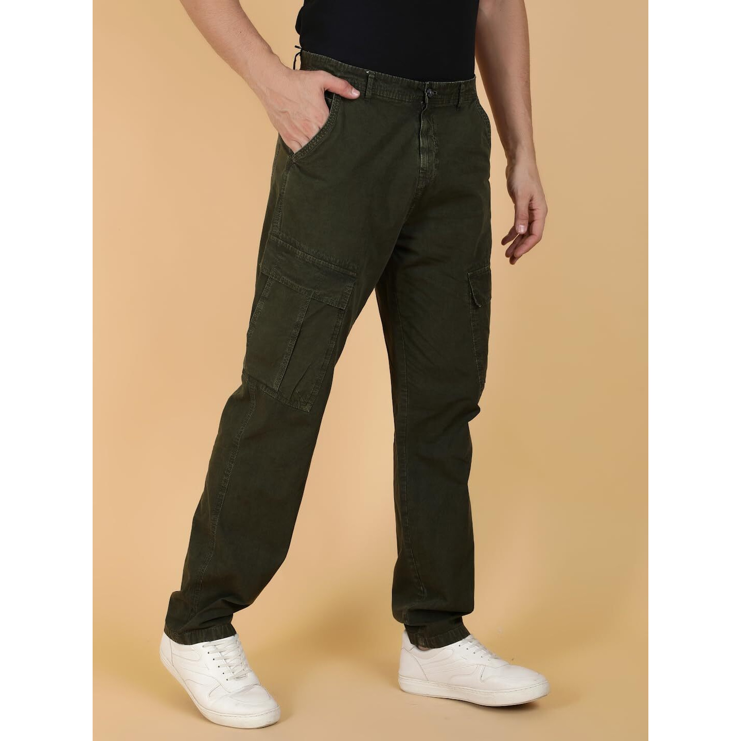 Kotty Men's Solid Multiple Pockets Comfortable And Strechable Cargo Jeans(Green,32)