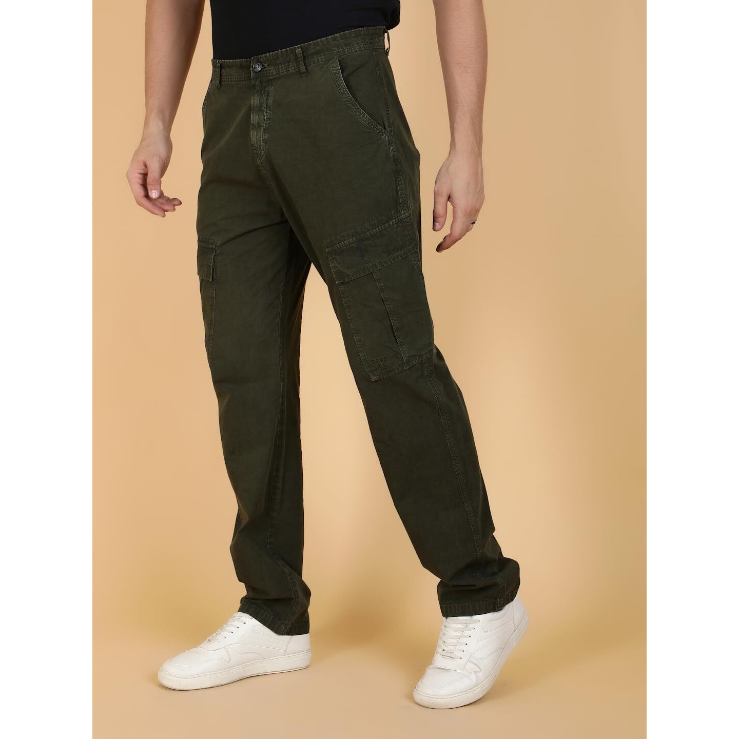 Kotty Men's Solid Multiple Pockets Comfortable And Strechable Cargo Jeans(Green,32)