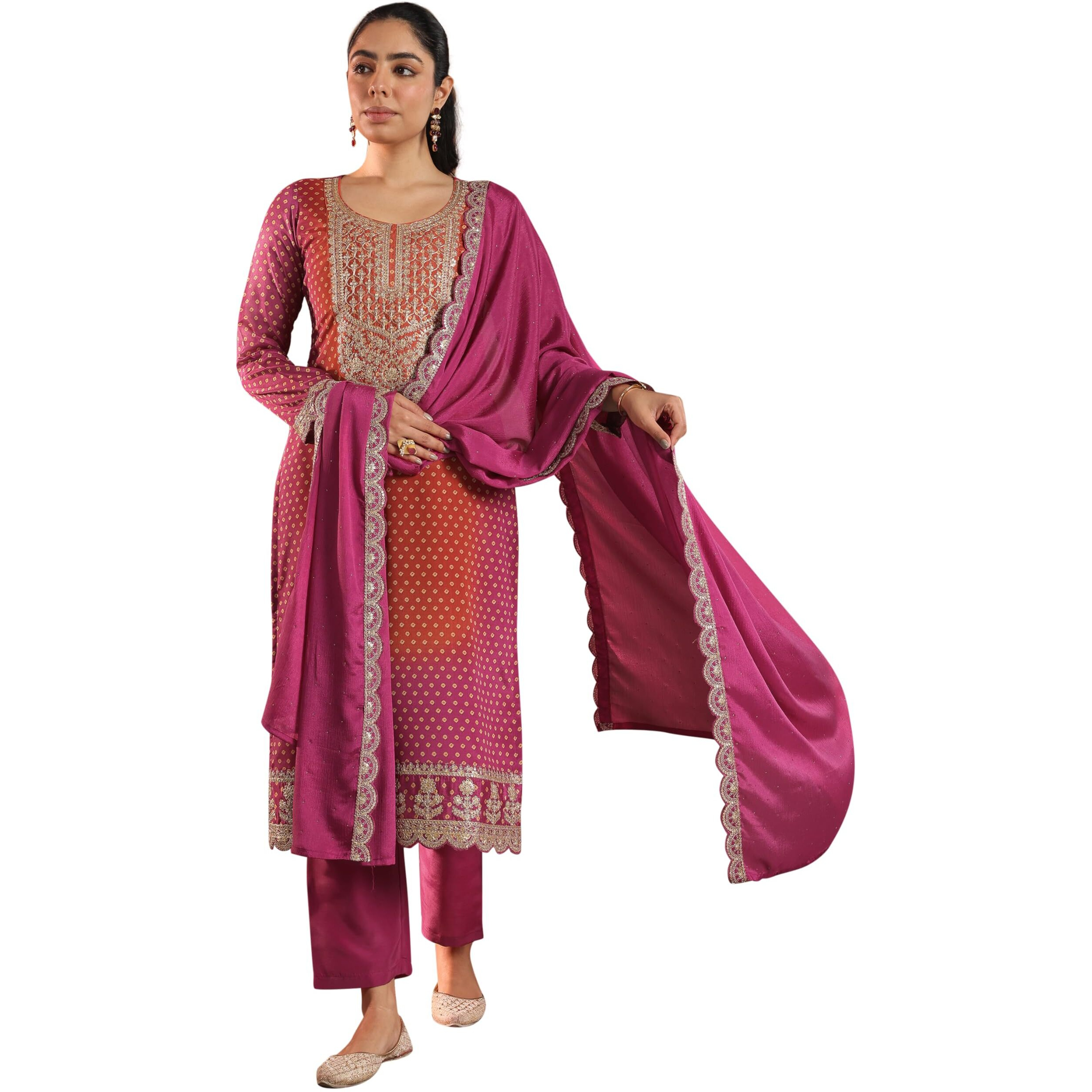 Libas Womens Printed Silk Blend Straight Kurta With Trousers And Dupatta