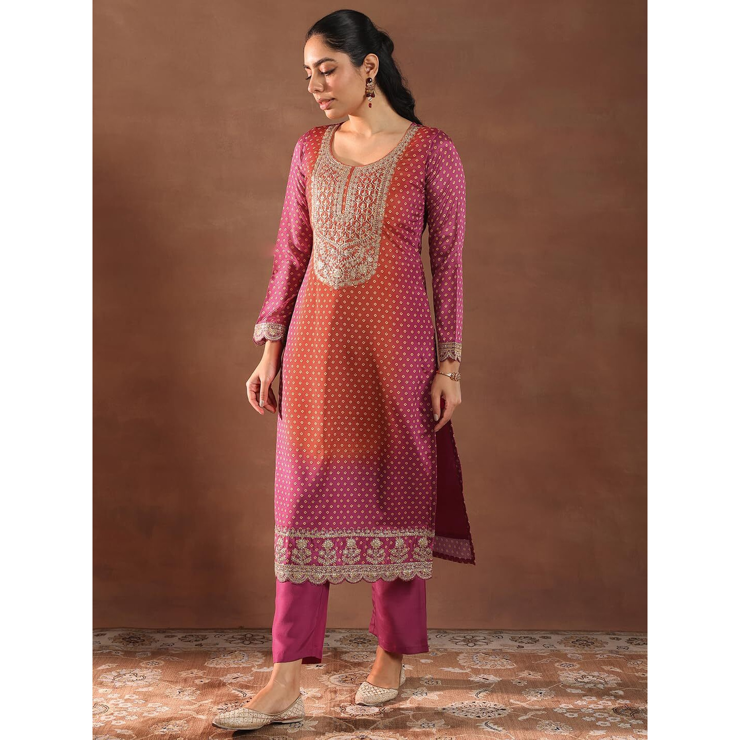 Libas Womens Printed Silk Blend Straight Kurta With Trousers And Dupatta