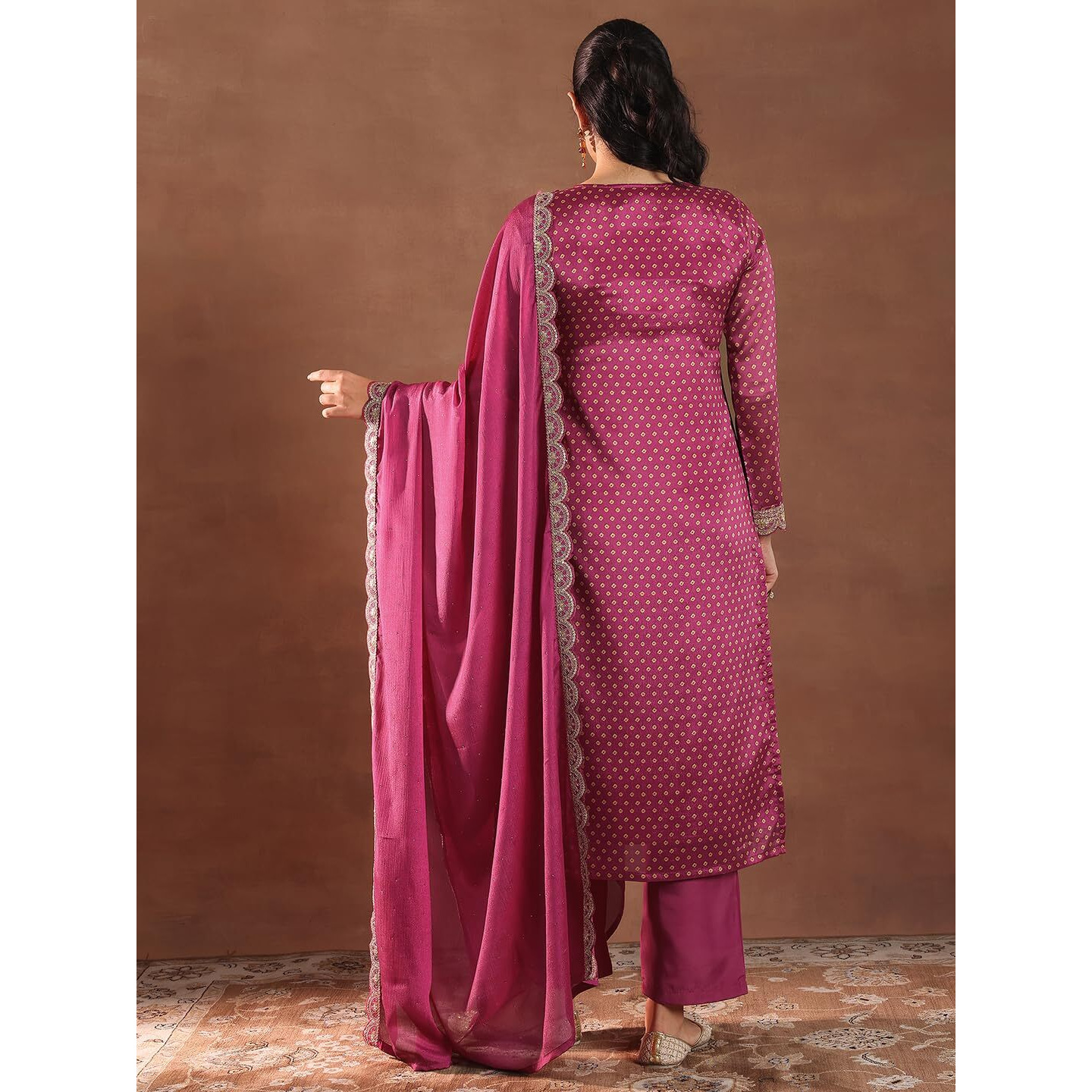 Libas Womens Printed Silk Blend Straight Kurta With Trousers And Dupatta