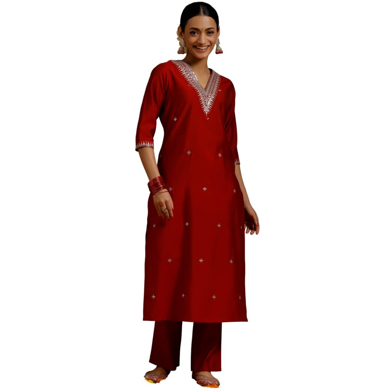 Libas Gerua Womens Embroidered Silk Blend Straight Kurta With Trousers