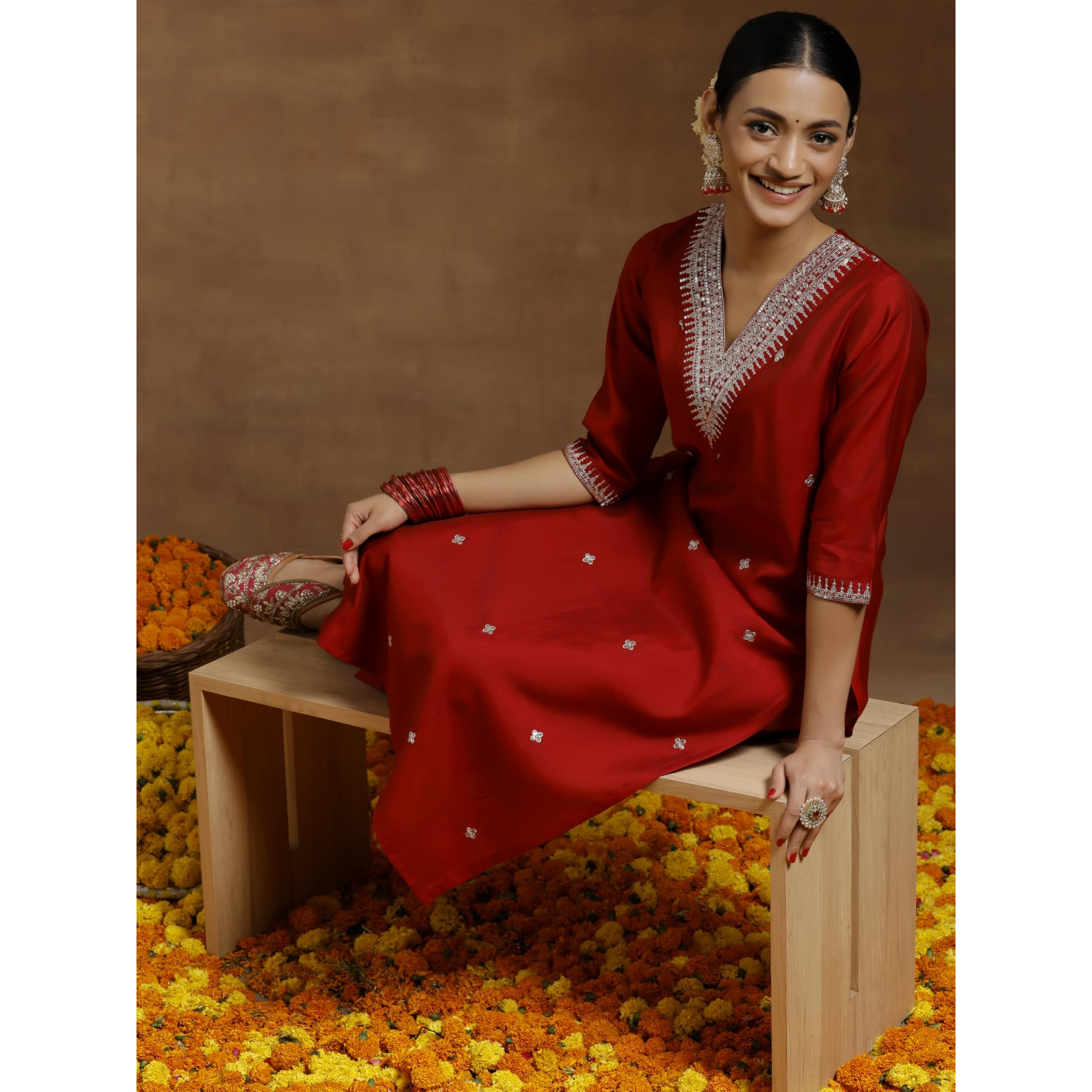 Libas Gerua Womens Embroidered Silk Blend Straight Kurta With Trousers