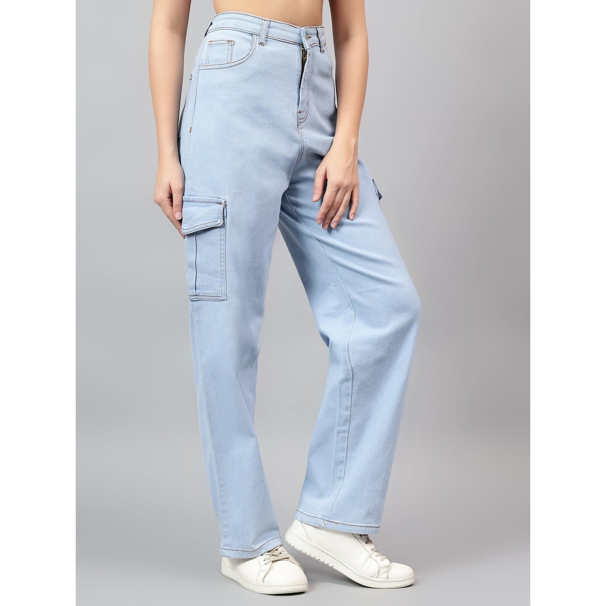 Kotty Women's High Rise Solid Cotton Blend Stylish Cargo Jeans(Blue,32)