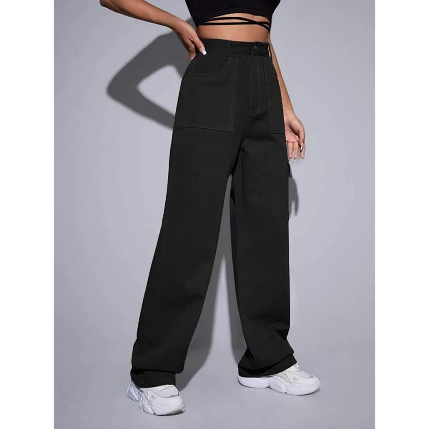 Kotty Women's Solid High Rise Relaxed Fit Cargo Jeans Jade Black