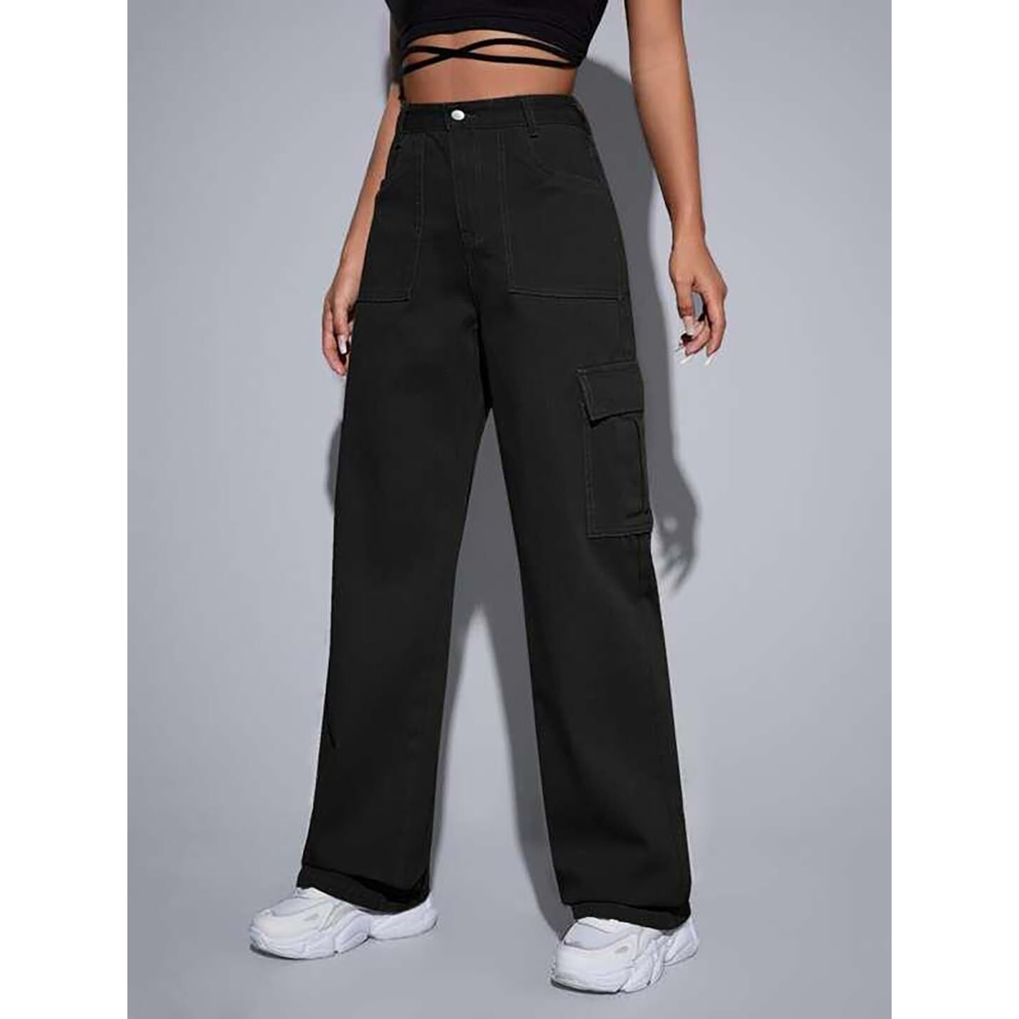 Kotty Women's Solid High Rise Relaxed Fit Cargo Jeans Jade Black