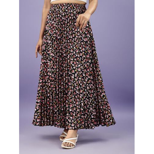 Kzully Crepe Western Women's Skirts Black-Rose