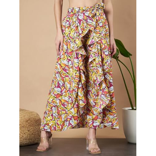 Kzully | Plazzo For Women | Floral Print Plazzo | Comfortable Elastic | Beautiful Flower Priting | Stylish Colour | Multicoloured Yellow-Pink