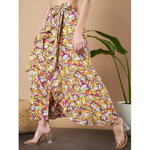 Kzully | Plazzo For Women | Floral Print Plazzo | Comfortable Elastic | Beautiful Flower Priting | Stylish Colour | Multicoloured Yellow-Pink