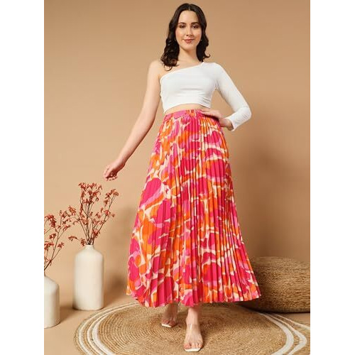 Kzully Polyester Women's Crepe Western Maxi Skirt Orange, Large