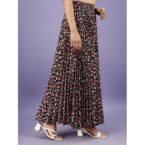 Kzully Crepe Western Women's Skirts Black-Rose