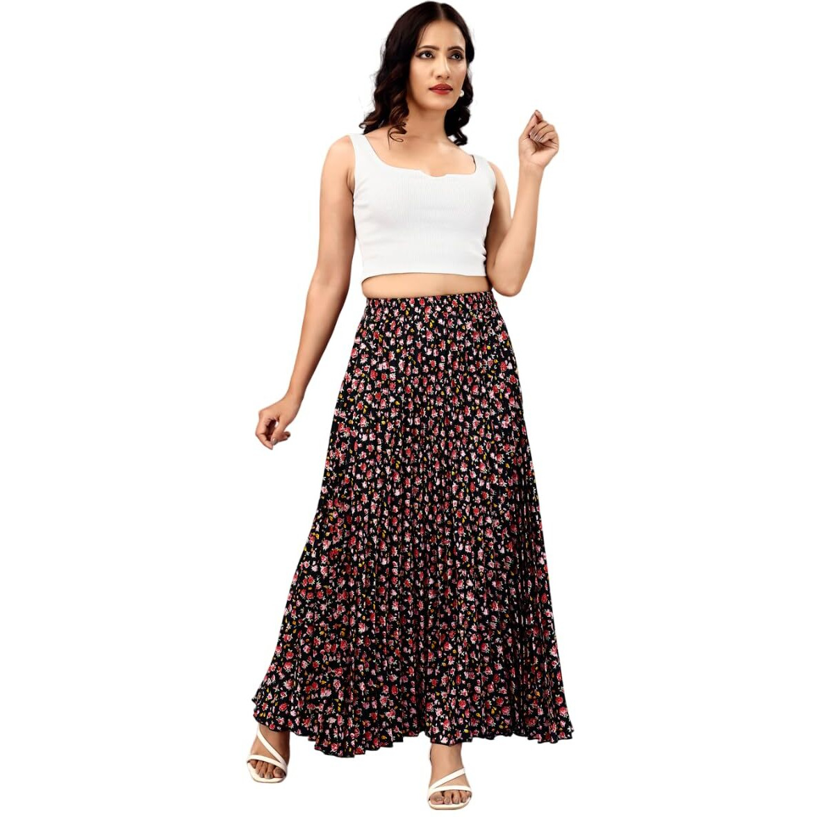 Kzully Crepe Western Women's Skirts Black-Rose