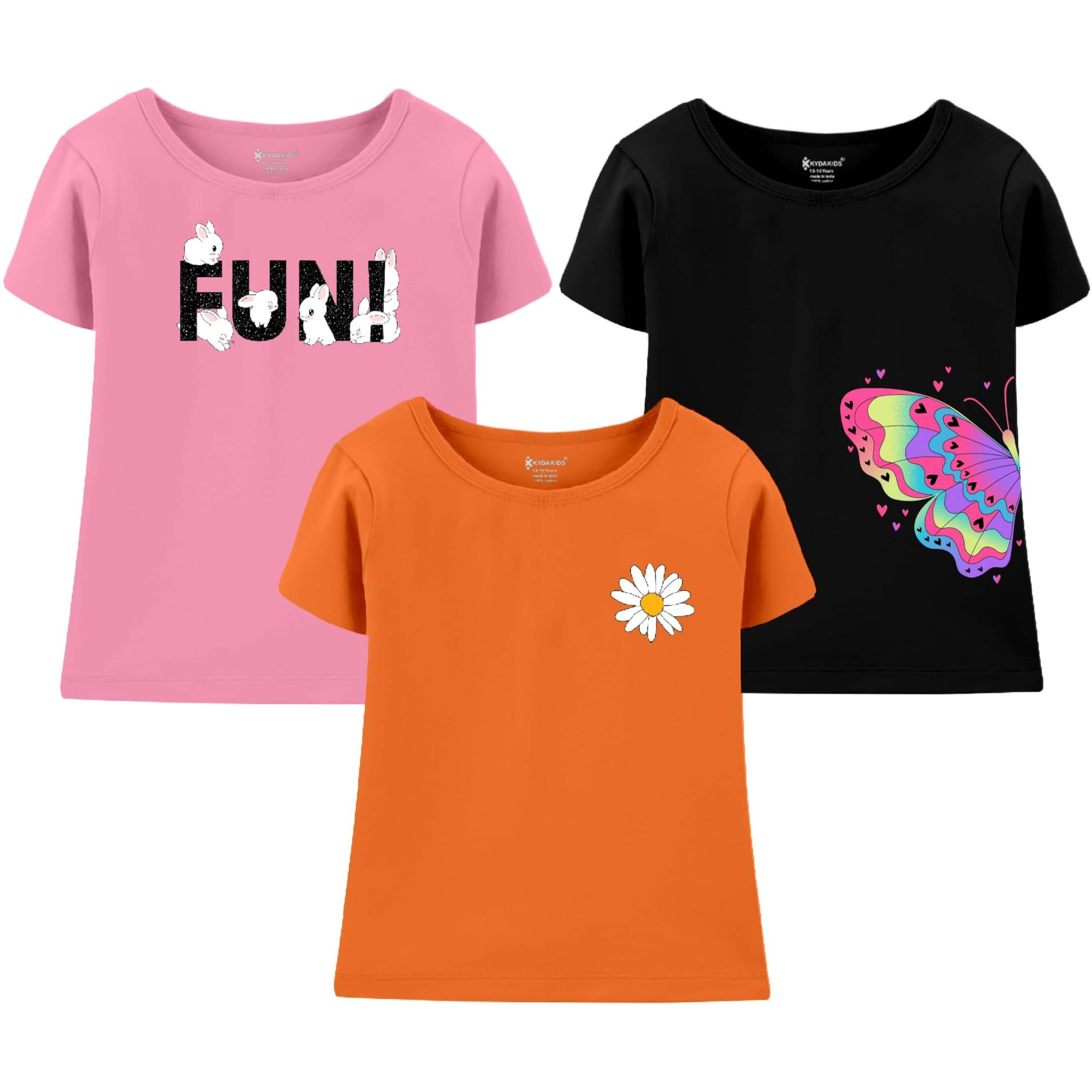 Kyda Kids Girls Pure Cotton Regular Fit Short Sleeve Printed T-Shirt For Gilrs (Pack Of 3)