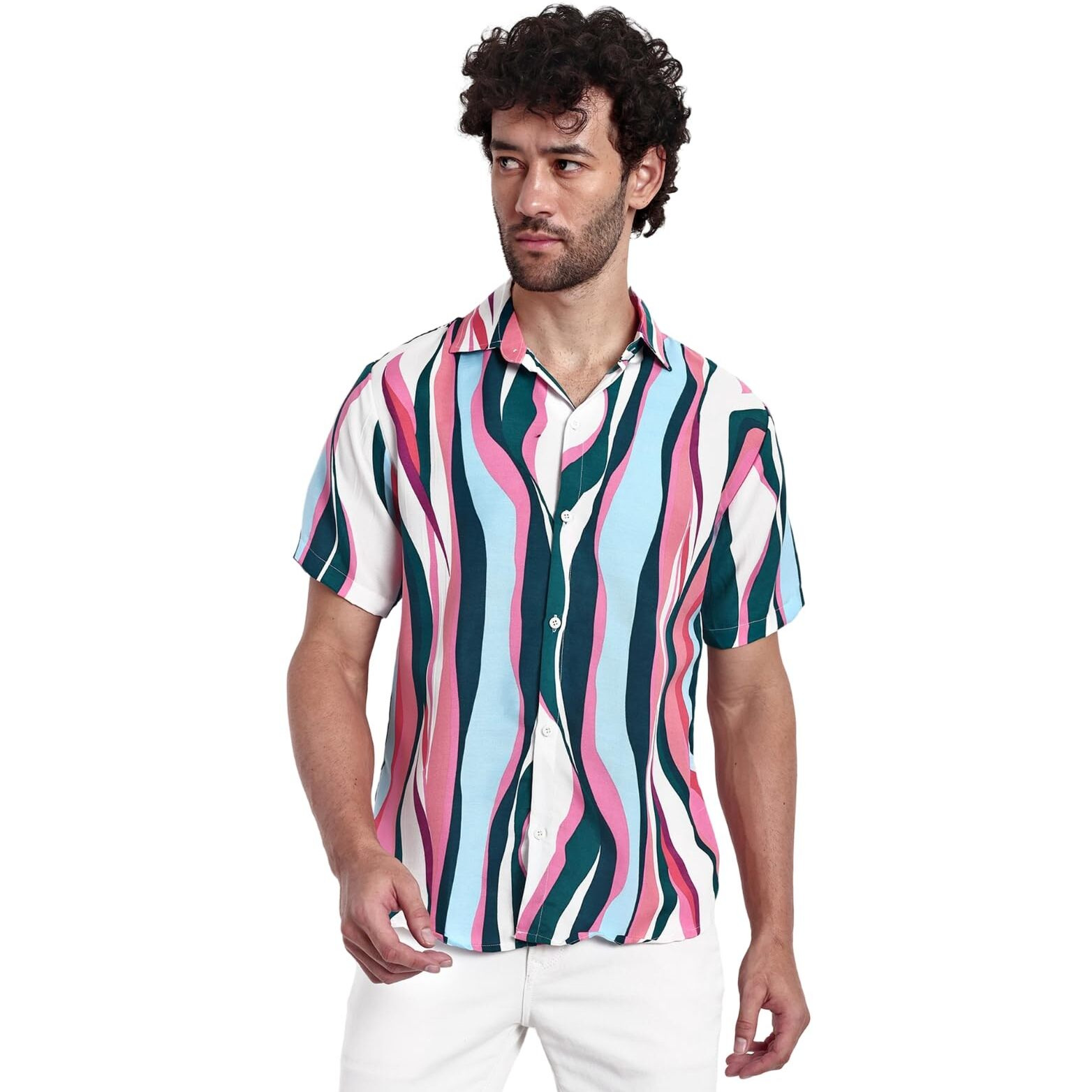 Leriya Fashion Men's Shirt || Rayon Geo & Paisley Printed Regular Shirts For Men || Vintage Shirts || Summer Shirts For Men || Shorts Sleeves || Beach Shirts For Men (Small, Pink)