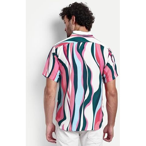 Leriya Fashion Men's Shirt || Rayon Geo & Paisley Printed Regular Shirts For Men || Vintage Shirts || Summer Shirts For Men || Shorts Sleeves || Beach Shirts For Men (Small, Pink)