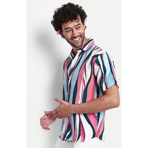 Leriya Fashion Men's Shirt || Rayon Geo & Paisley Printed Regular Shirts For Men || Vintage Shirts || Summer Shirts For Men || Shorts Sleeves || Beach Shirts For Men (Small, Pink)