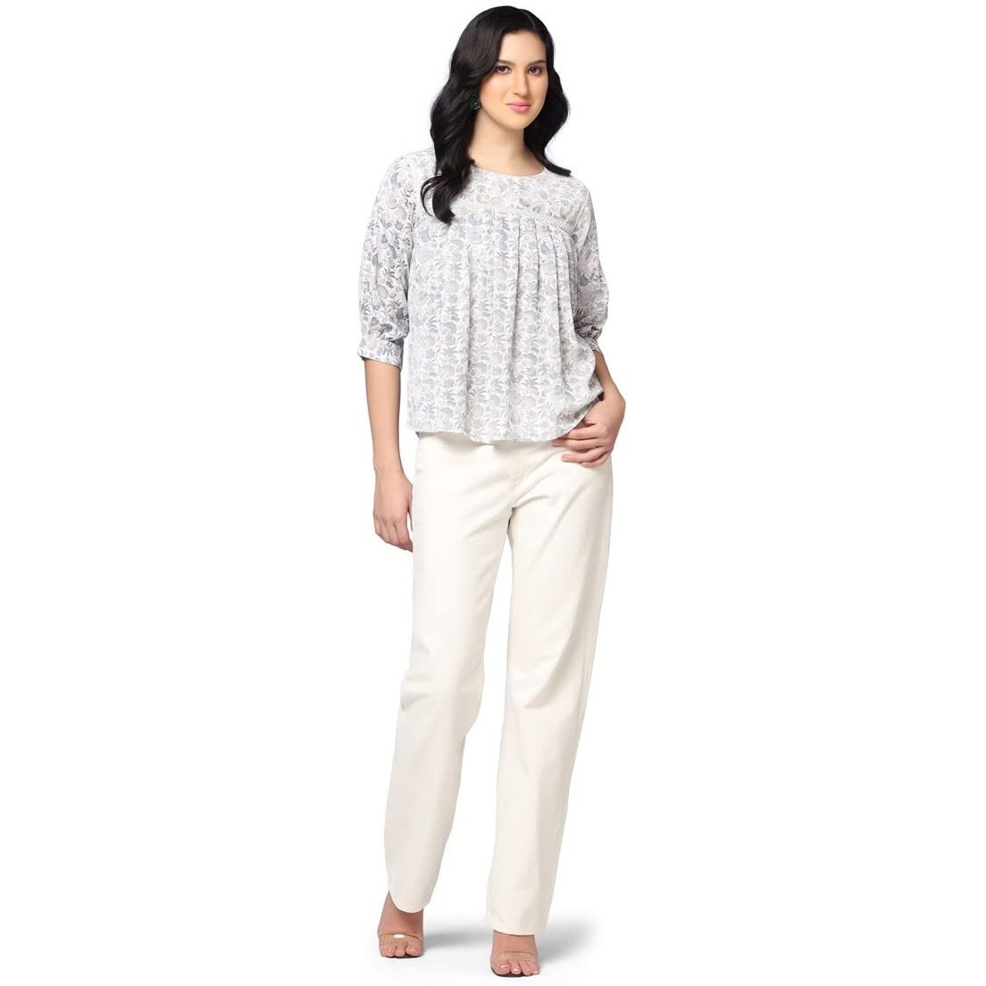 Leriya Fashion Tops For Women || Rayon Floral Printed Western Tops For Women || Casual Tops For Women || Front Plated Tops || Ideal For Office || Travel Tops For Girls (Small, Blue)