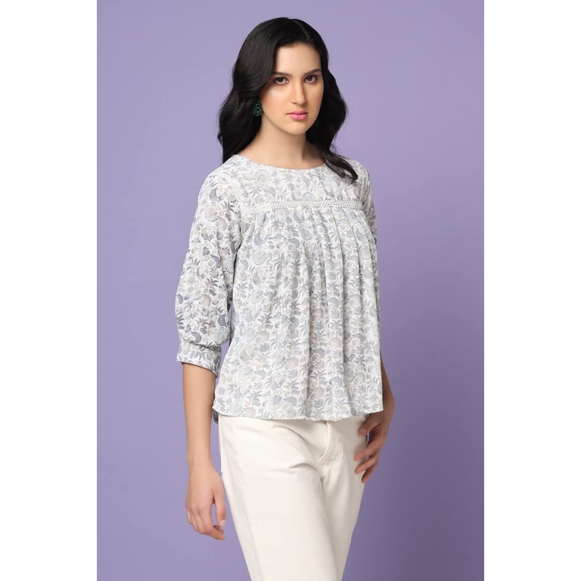 Leriya Fashion Tops For Women || Rayon Floral Printed Western Tops For Women || Casual Tops For Women || Front Plated Tops || Ideal For Office || Travel Tops For Girls (Small, Blue)