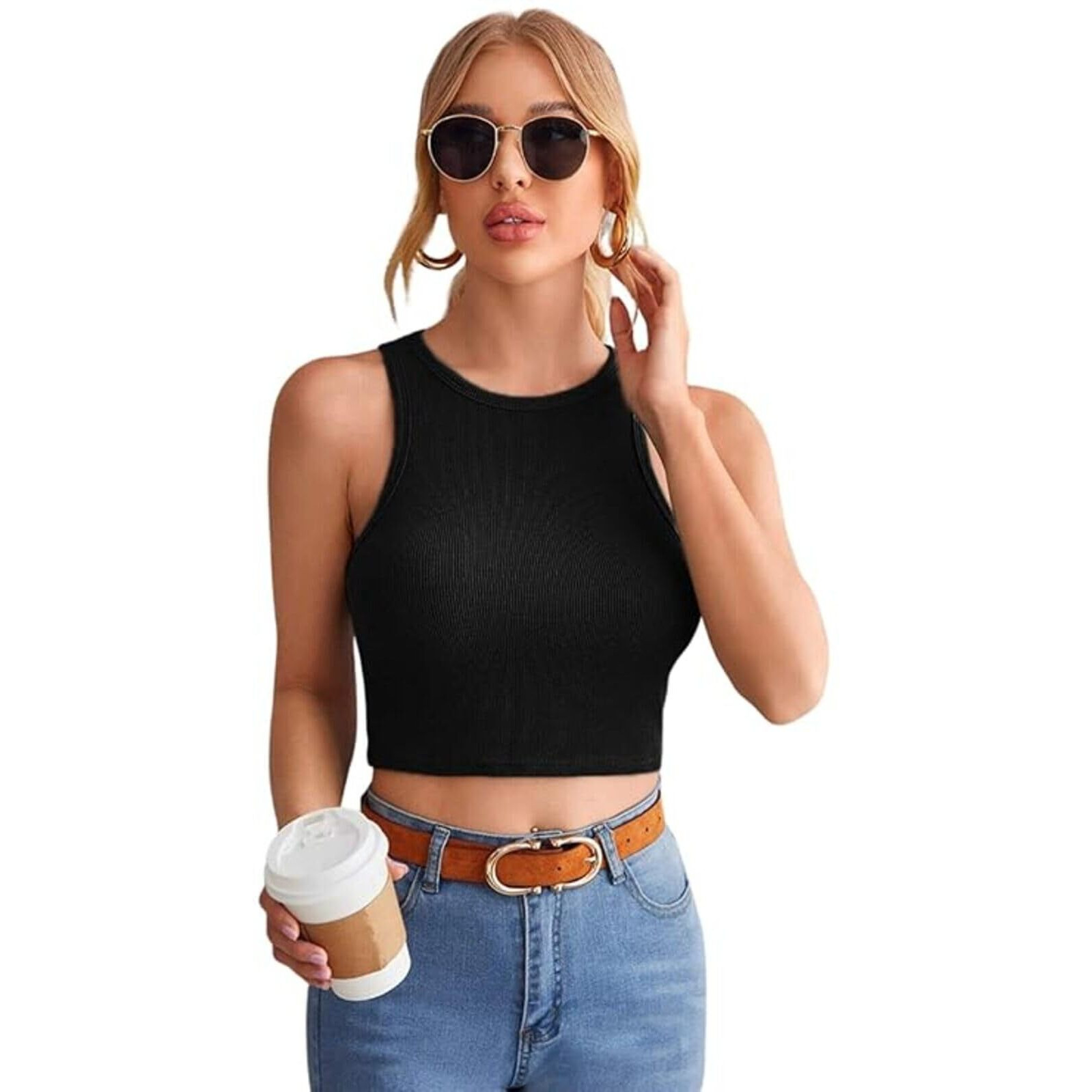 Leriya Fashion Women's & Girls' Solid Asymmetrical Round Neck Cotton & Rayon Crop Top (Medium, Black)