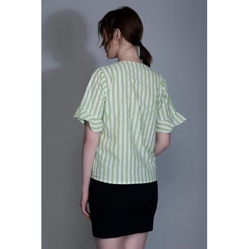 Leriya Fashion Women's Western Striped V-Neck Tops | Ruffle Sleeves | Comfortable Cotton Printed Button Down Tops For Casual | Office | Travelling | Shopping Wear For Girls (X-Small, Green)