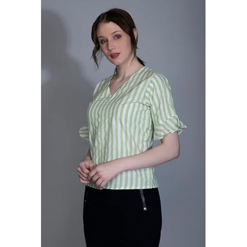 Leriya Fashion Women's Western Striped V-Neck Tops | Ruffle Sleeves | Comfortable Cotton Printed Button Down Tops For Casual | Office | Travelling | Shopping Wear For Girls (X-Small, Green)