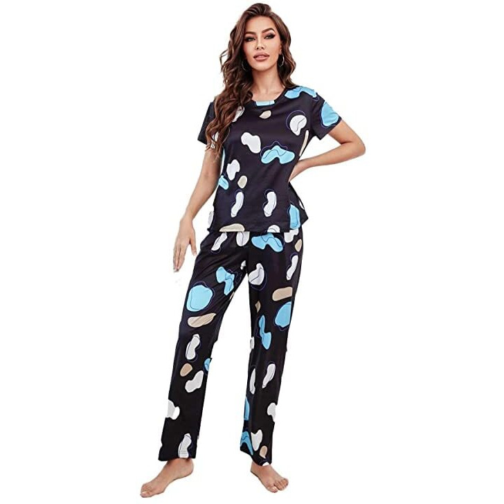 Lookmark Women's Cotton Lycra Graphic Print Pyjama Set For Women || Night Suit Set || Night Dress For Women(Nw07-S-04) Black