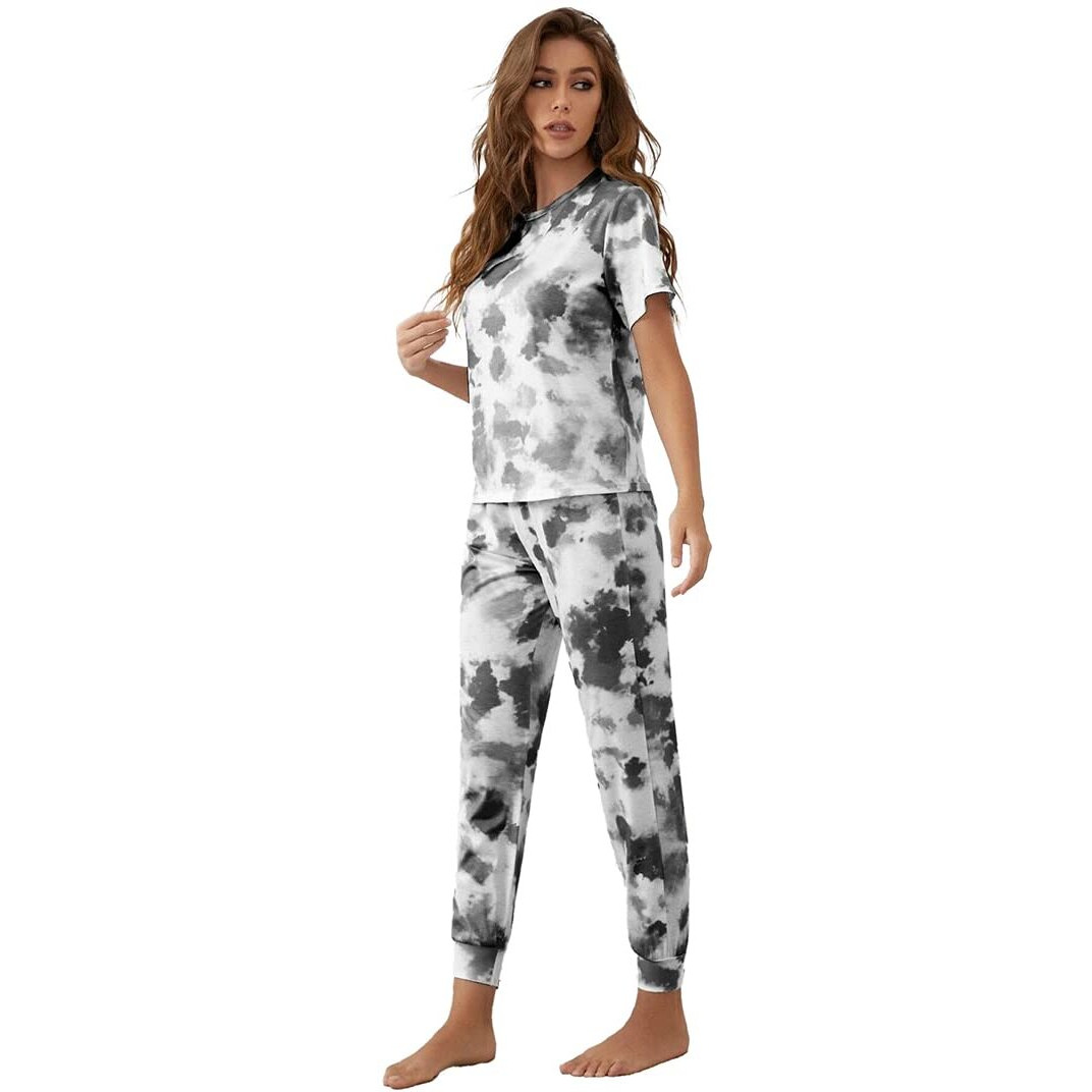 Lookmark Women's Tie Dye Printed Long Half Sleeve Night Wear || Night Suit Co-Ord Set(Ngt-Nw02-Black-S)