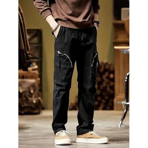 Lymio Men's Fashion Regular Fit High Rise Solid Cargo Pants Black (Cargo-82-Black-S)