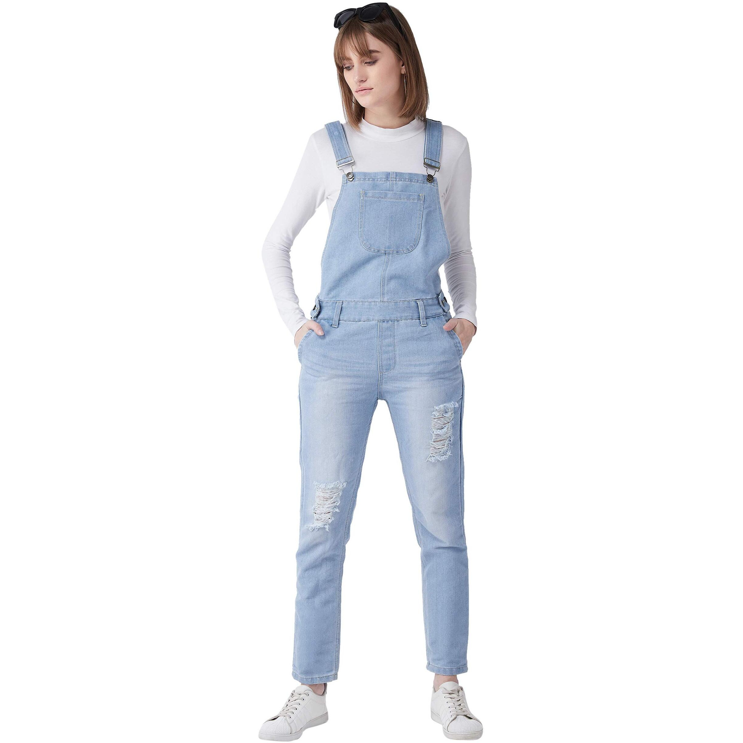 Miss Chase Women's Light Blue Regular Fit Mid Rise Regular Length Ripped Denim Dungaree (Mcss20Den99-26-158-34_Light Blue_34)